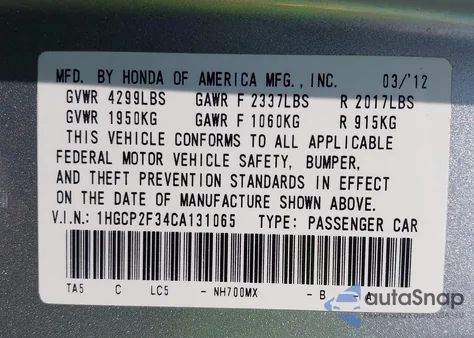 2012 Honda Accord 2.4 Lx from USA, damaged, VIN 1HGCP2F34CA131065
